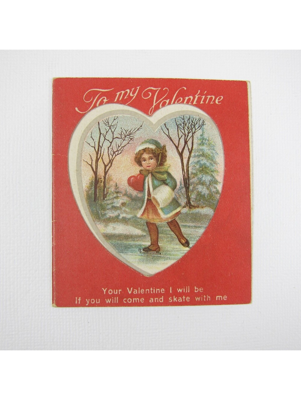 Vintage Valentine Card Girl Ice Skating Trees Red Heart Die Cut Window Bifold